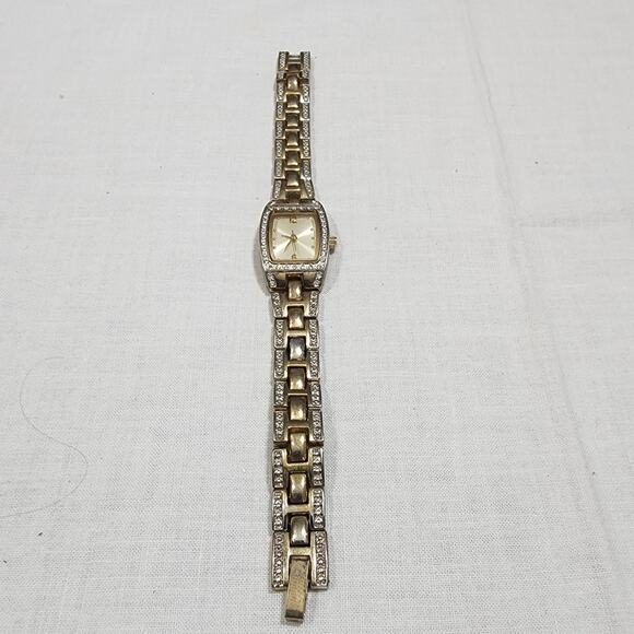 Vintage George Women's Rectangular Face Watch Silver Gold Tone Band Rhinestones - Picture 6 of 16